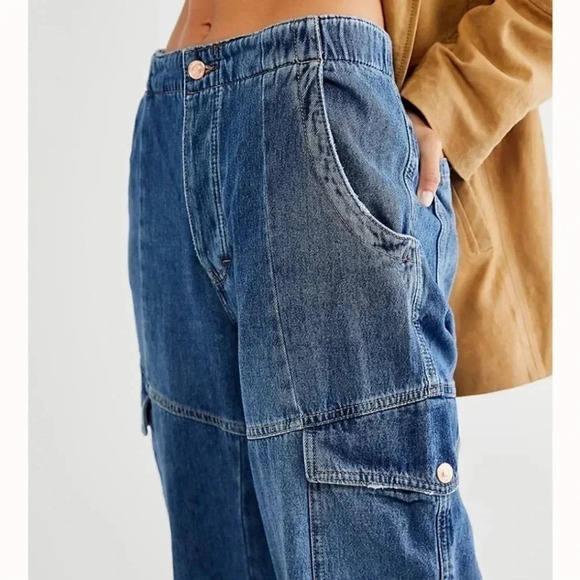 New Free People All Star Pull On Wide Leg Baggy Low Slung Jeans Cargo Medium - Picture 3 of 14